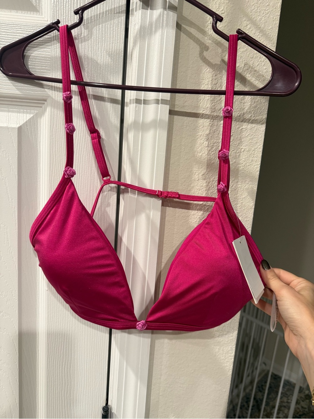 Good American Hot Pink Rose-Detail Triangle Bikini Top